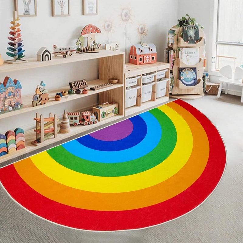 ABREEZE Rainbow Area Rug 5.3'X10', Half Circle Rainbow Washable Kids Rug Non-Slip Backing Colorful Floor Rug Area Rug Carpet for Room Girls Kids Nursery - Image 1